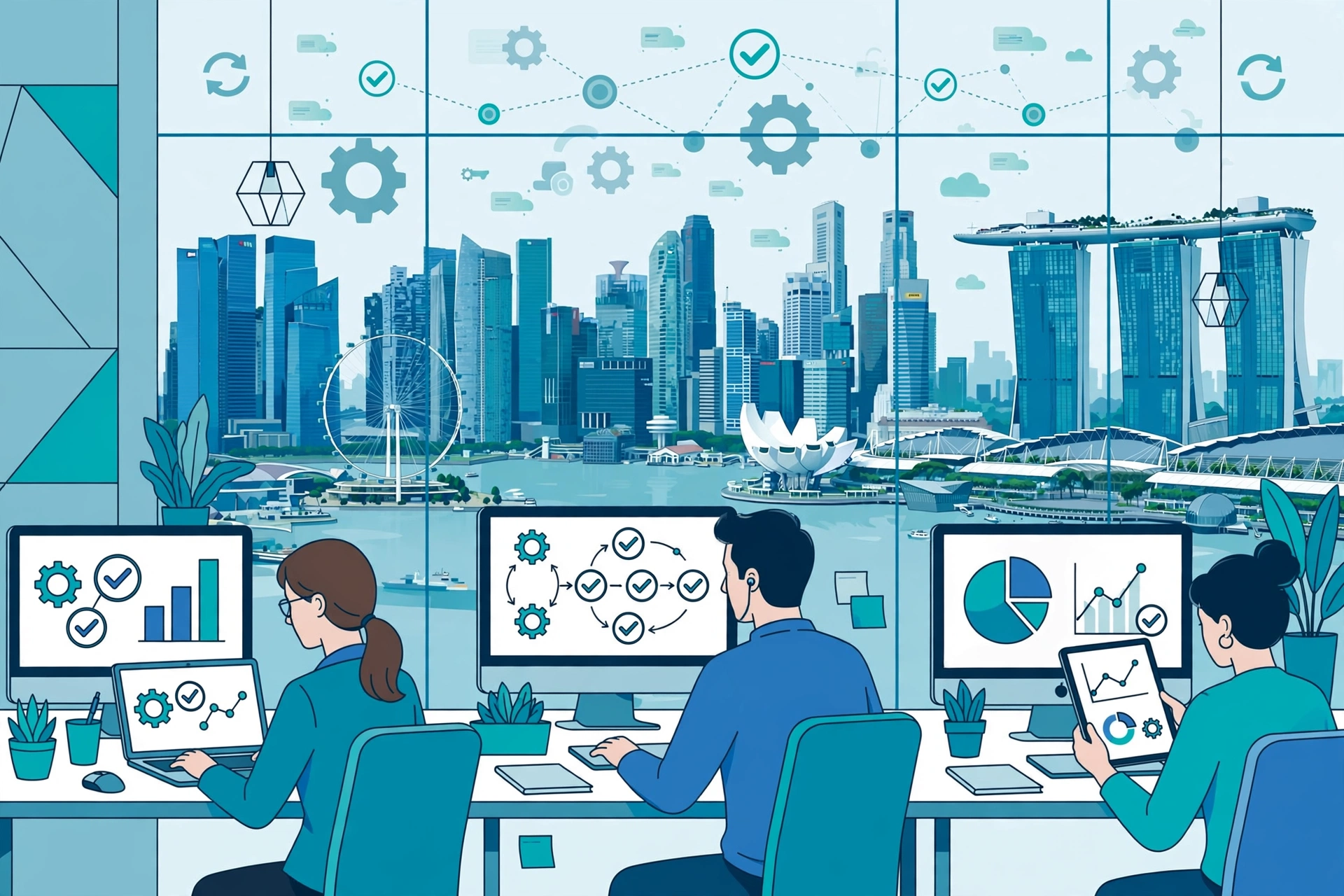 Illustration of a Singapore office using business automation software, with workflow dashboards and a city skyline