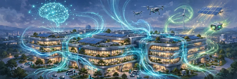 Futuristic smart building with glowing automated climate-control energy flows, illustrating future innovation technology