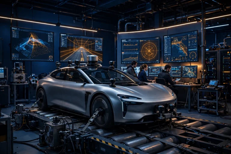 Engineers testing autonomous vehicle software in a simulation validation lab