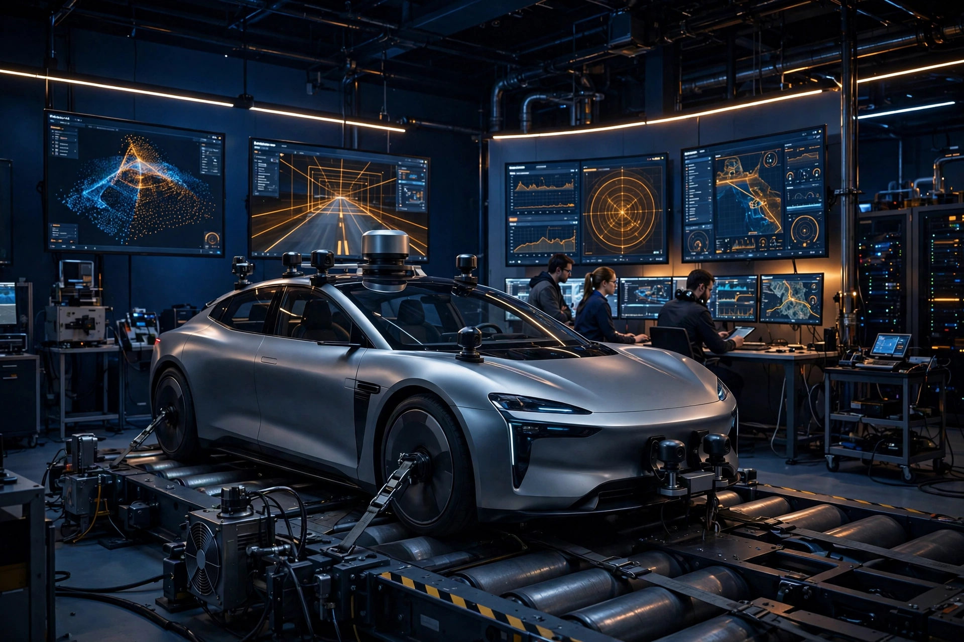 Engineers testing autonomous vehicle software in a simulation validation lab