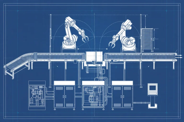 Engineering schematic of an industrial automation design for a robotic production cell