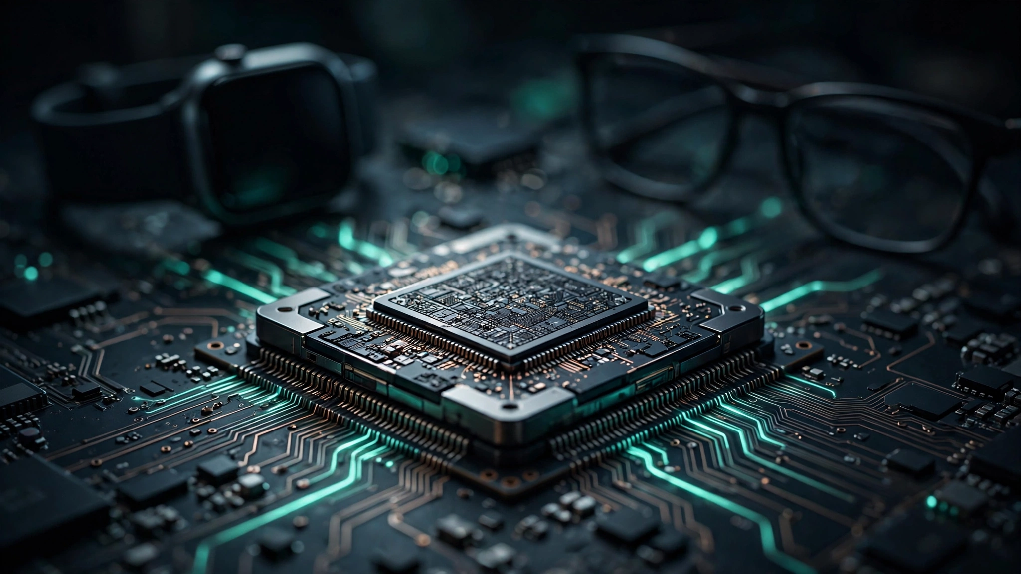 Concept render of Google's Astra edge AI chip on a circuit board with a smartwatch and smart glasses in the background