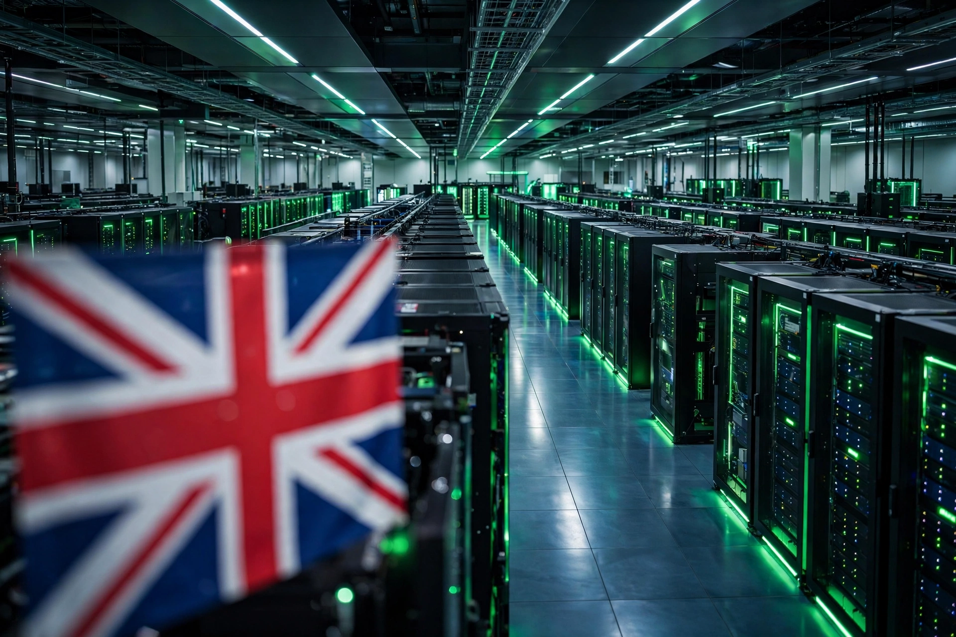 GPU data-center hall with UK flag panels, symbolizing NVIDIA's $250M compute commitment to UK AI safety research