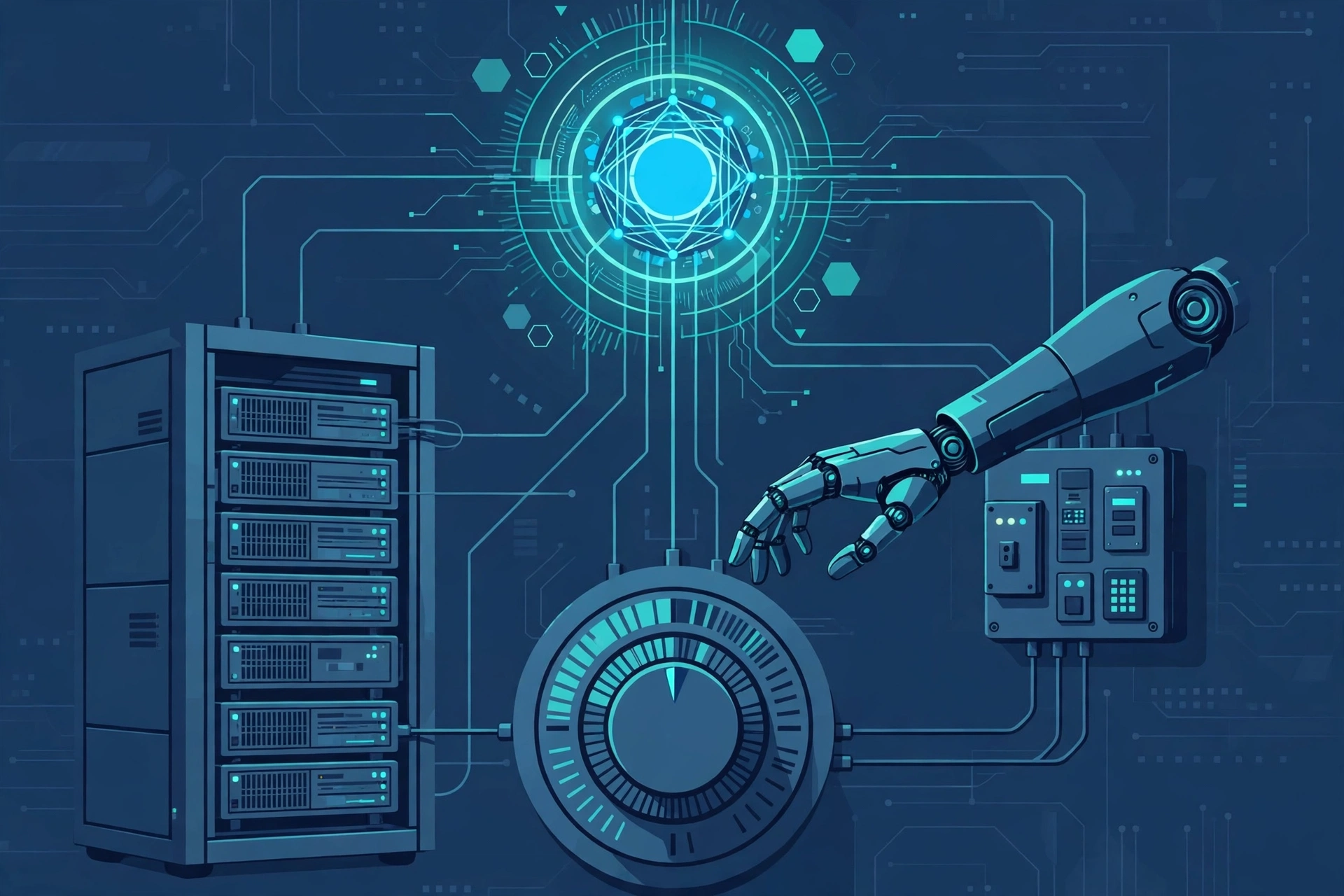 Illustration of an AI agent's robotic hand hovering over a permission dial, connected to company servers