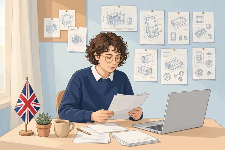 Illustration of a UK startup founder reviewing innovation grant application documents at a desk