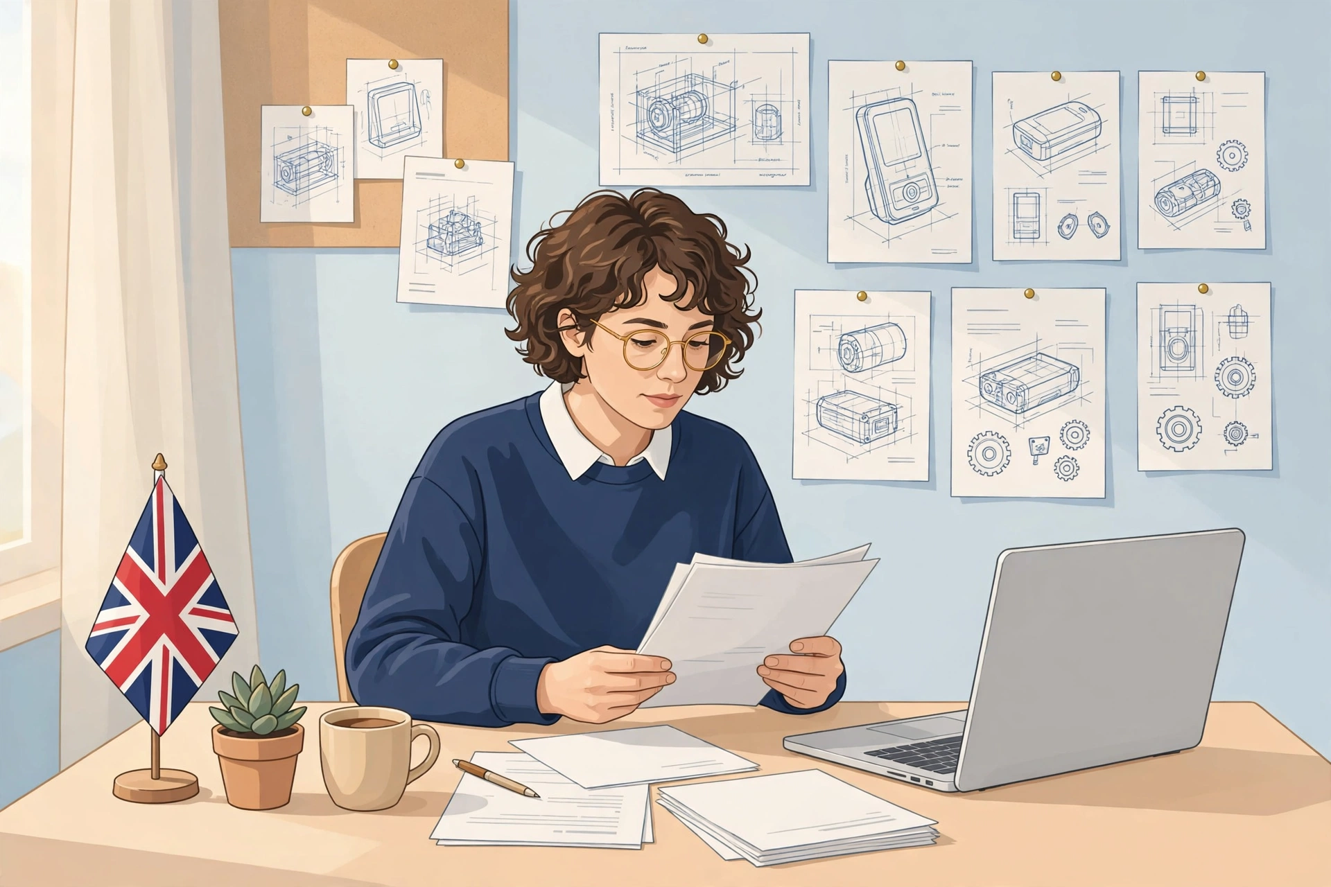 Illustration of a UK startup founder reviewing innovation grant application documents at a desk