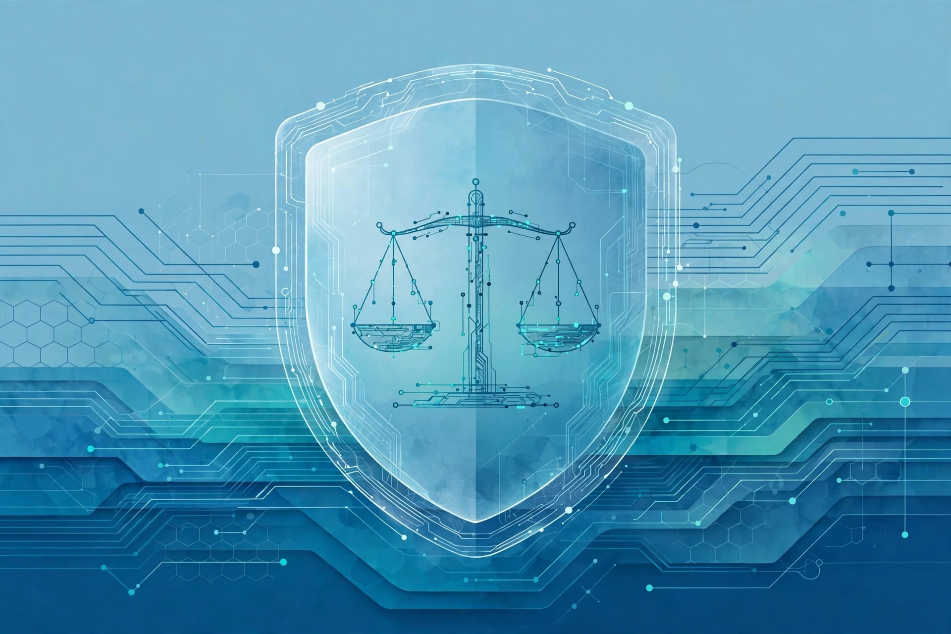 Abstract illustration of responsible AI governance: a digital shield with balanced scales over layered circuitry in blue and teal