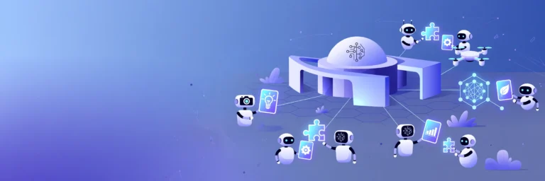 Illustration of AI agent robots exchanging skill puzzle pieces around a central neutral hub