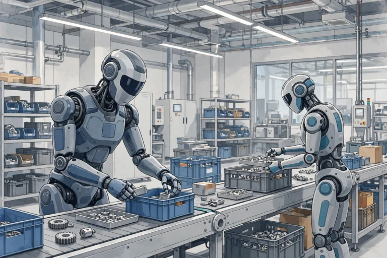 Humanoid robots working on a factory production line