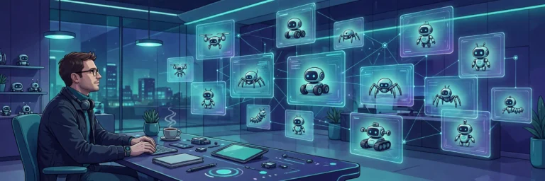 Illustration of an AI agent manager overseeing a fleet of AI agents from a control desk