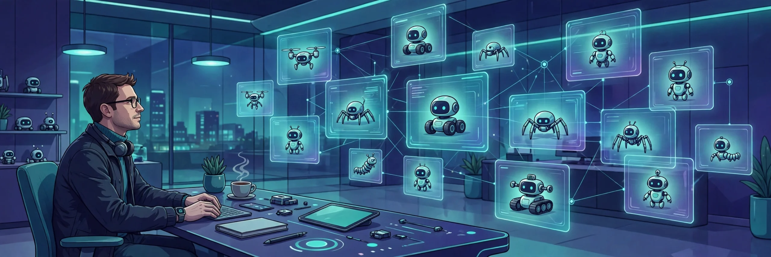 Illustration of an AI agent manager overseeing a fleet of AI agents from a control desk
