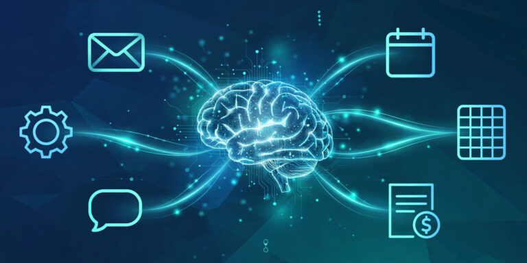 Illustration of an AI brain node connecting business tools like email, calendar, and invoices, representing AI agents for business automation