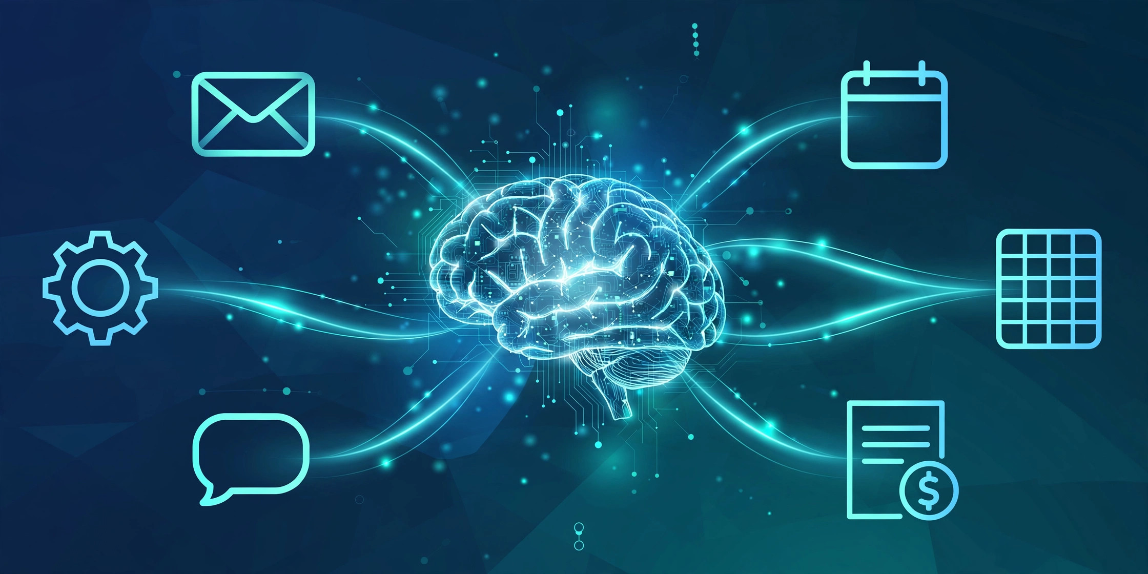 Illustration of an AI brain node connecting business tools like email, calendar, and invoices, representing AI agents for business automation