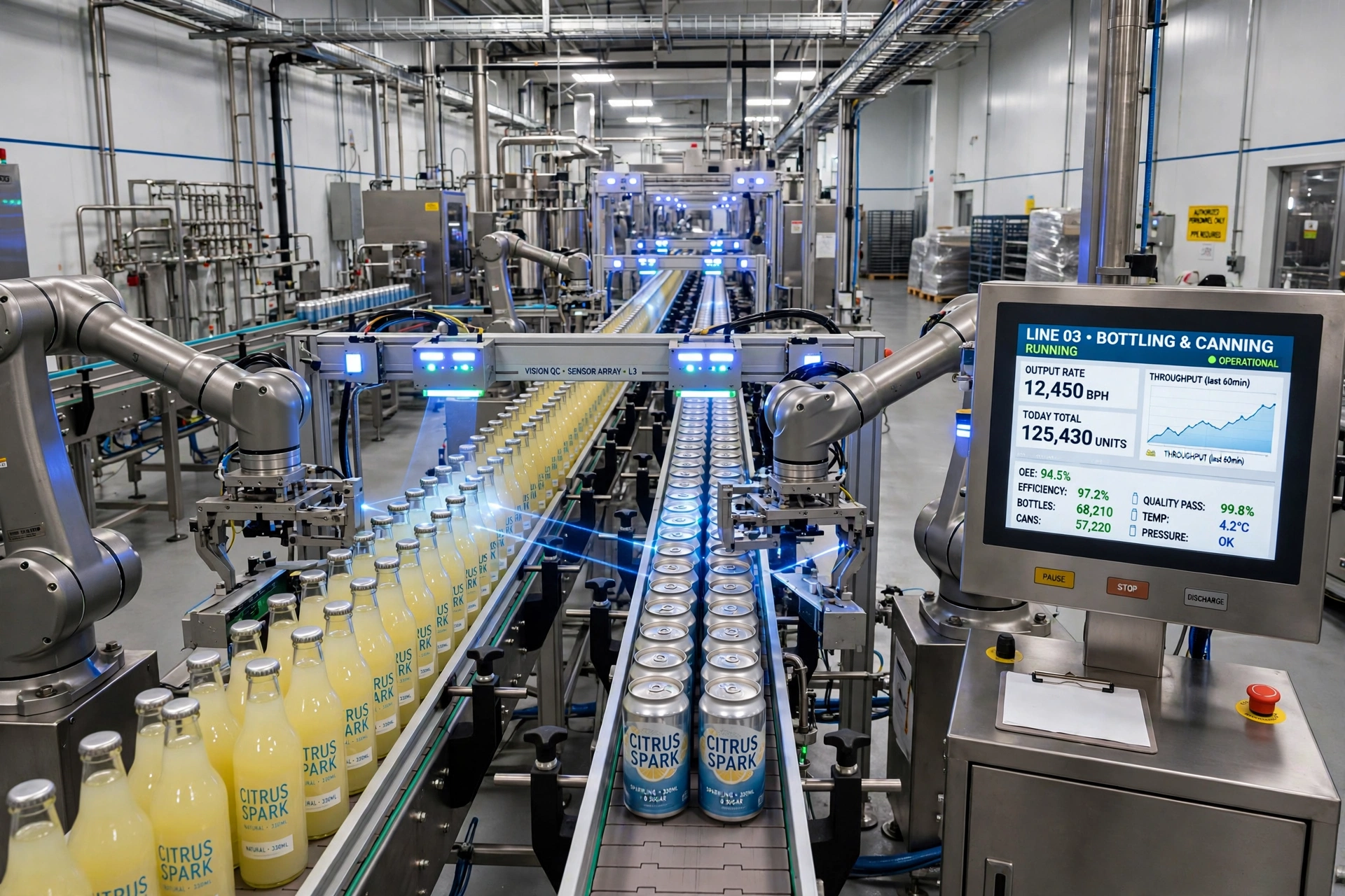 Automated beverage bottling line with robotic arms handling bottles and cans