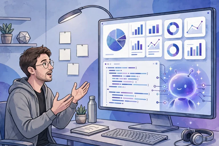 A person describing an app idea while an AI build lab generates a working web application on a large screen