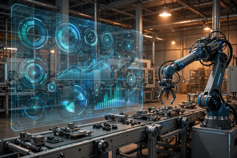 Robotic arm on a factory production line with a holographic AI data dashboard overlay