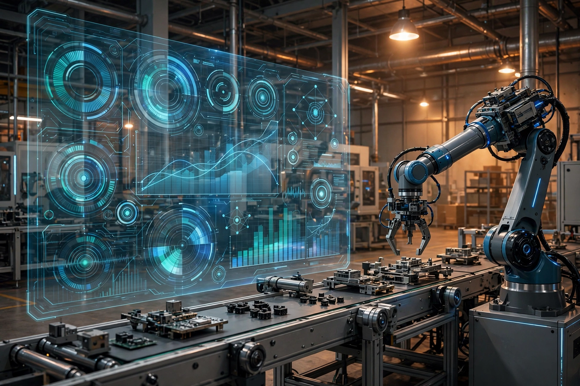 Robotic arm on a factory production line with a holographic AI data dashboard overlay
