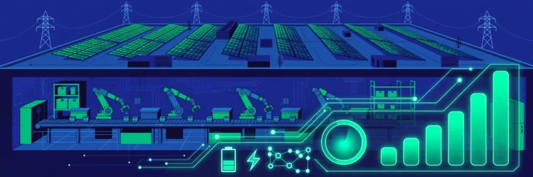 Smart factory with robotic arms, solar panels, and green energy efficiency dashboard overlay
