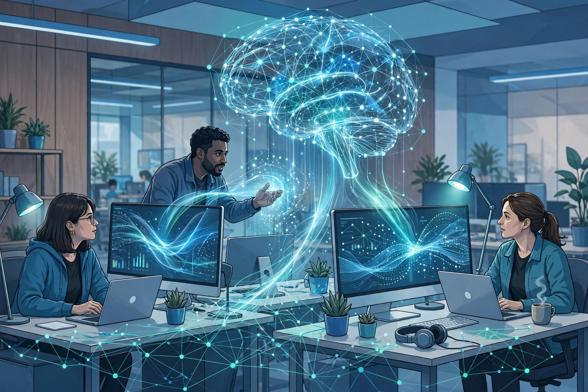 Illustration of software engineers collaborating with an AI system, representing AI-first engineering workflows