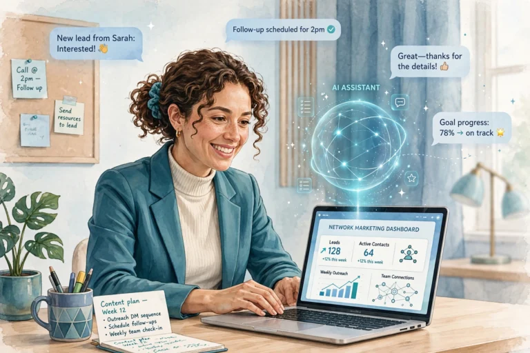 Network marketer working with an AI assistant on a laptop