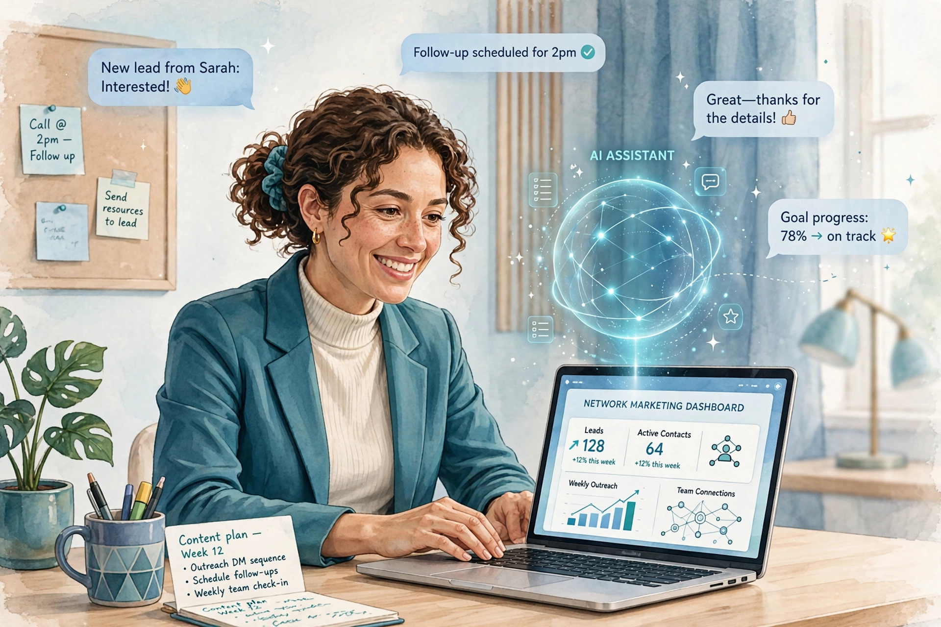 Network marketer working with an AI assistant on a laptop