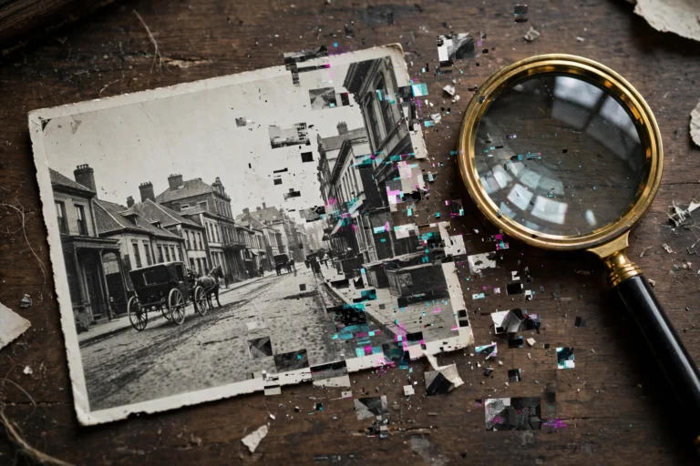 Vintage-style black-and-white photograph beside a magnifying glass with digital glitch fragments, illustrating AI-generated historical photos