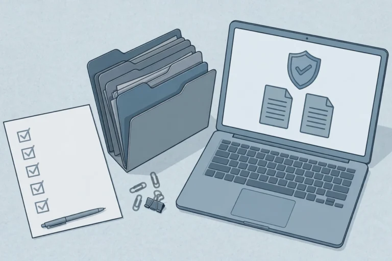 Folders, a checklist, and a laptop showing a shield and document icons representing AI governance documents