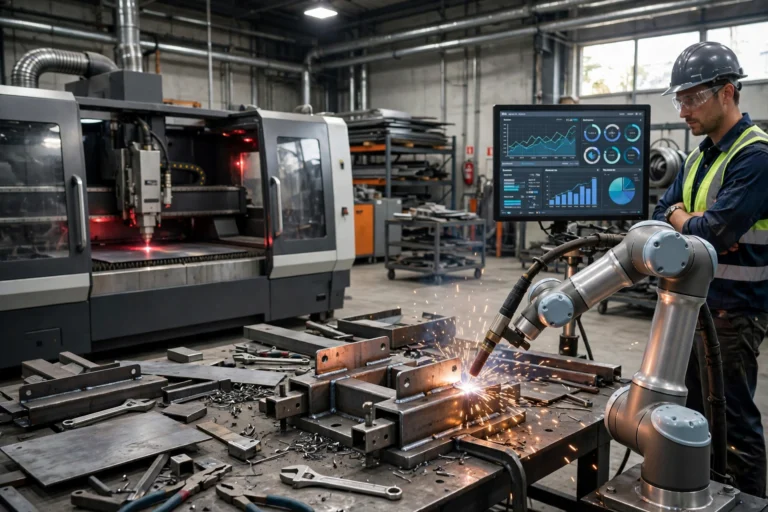 Robotic welding arm working on steel parts in a modern metal fabrication workshop