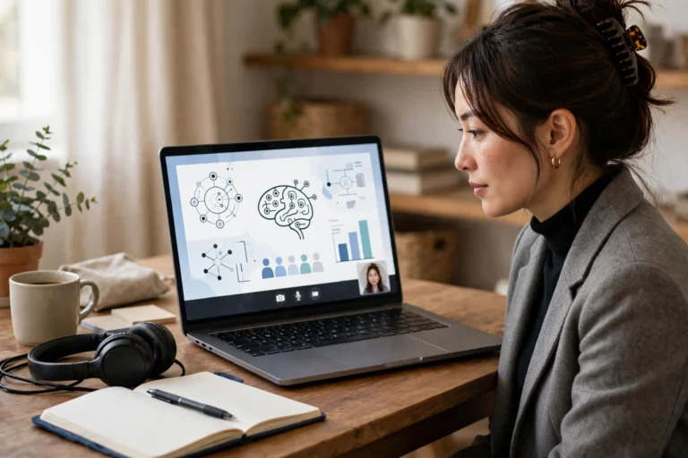 HR professional on a video call watching an AI in HR webinar about hiring