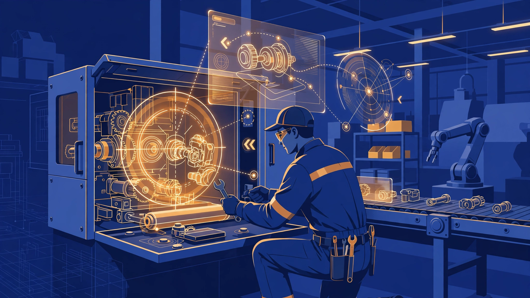 Technician performing a machine changeover on a factory production line with AI guidance overlays