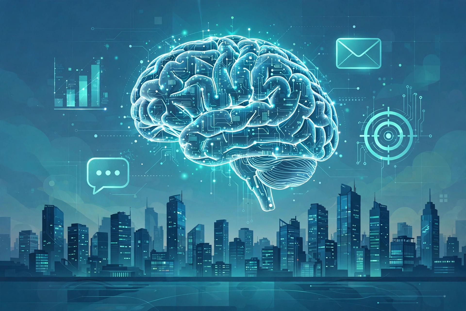 AI brain circuitry above a city skyline with marketing icons, illustrating AI marketing in Massachusetts