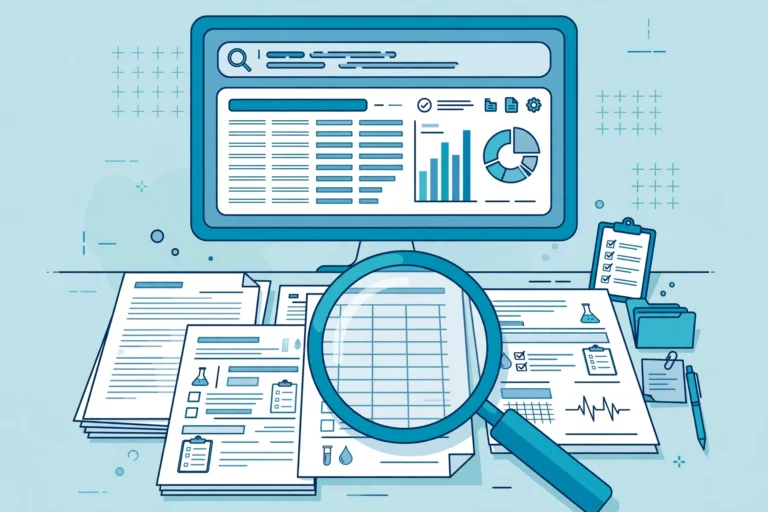 AI searching through organized medical records and lab reports on a screen