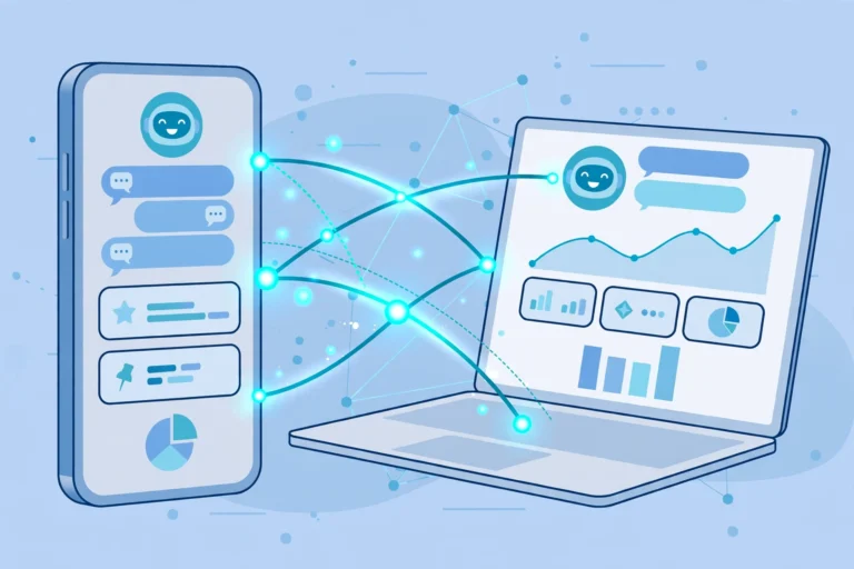 Illustration of AI powered digital products on phone and laptop screens