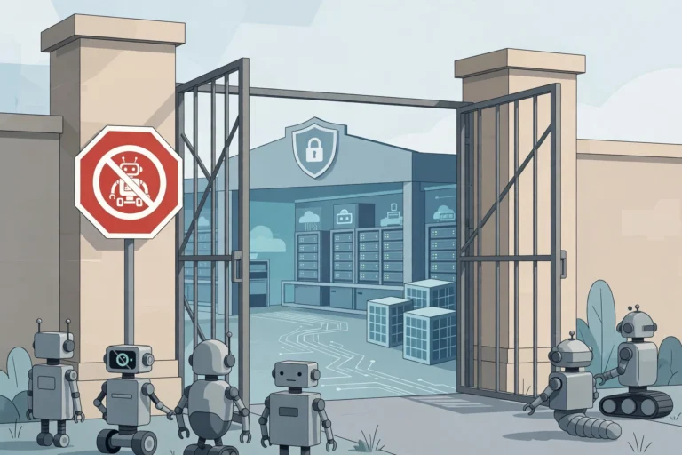 Illustration of a website gate blocking AI training crawlers