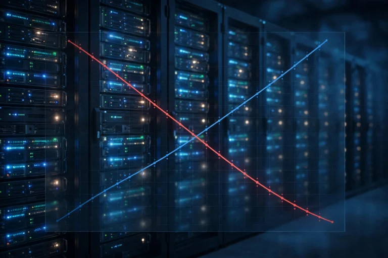 Two diverging stock chart lines over glowing data-center server racks, one rising in blue and one falling in red