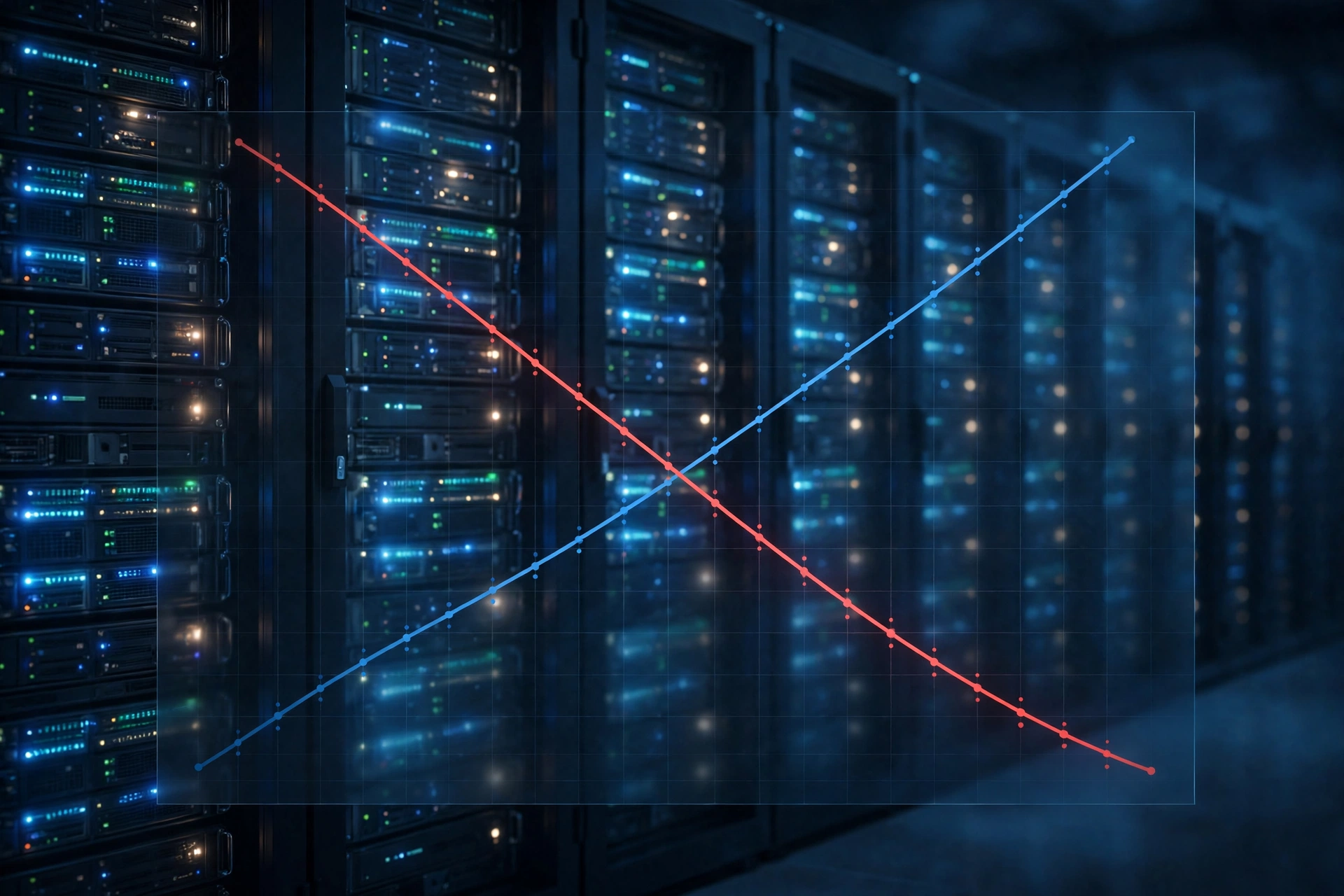 Two diverging stock chart lines over glowing data-center server racks, one rising in blue and one falling in red