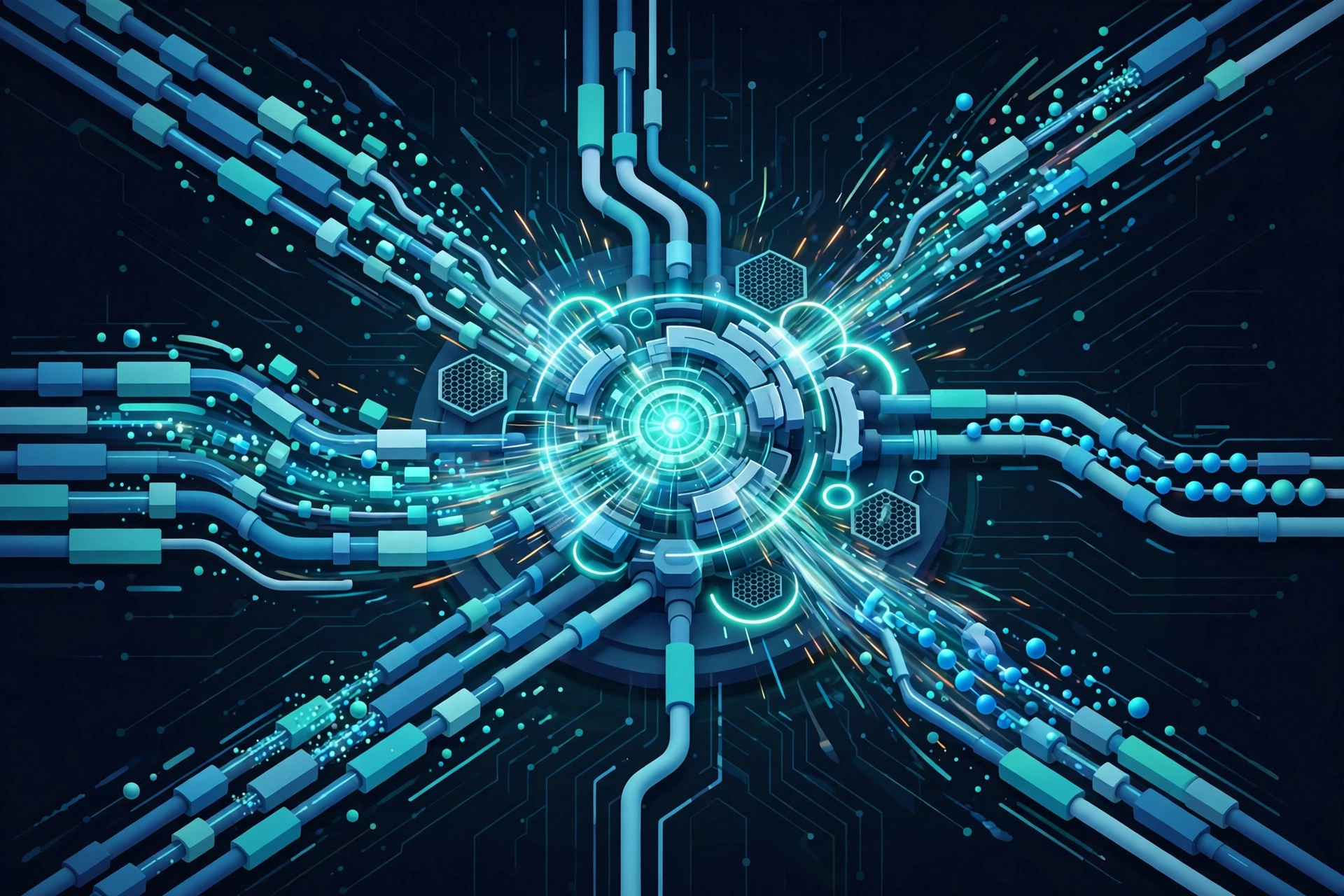 Abstract visualization of parallel data processing pipelines flowing into a glowing engine core, representing Alteryx AMP multi-threaded processing