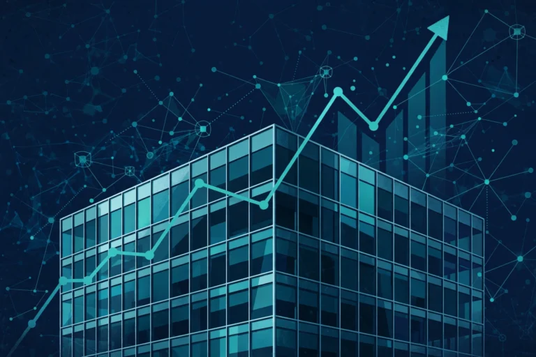 Editorial illustration of a rising stock chart and AI network motif for Anthropic's IPO filing