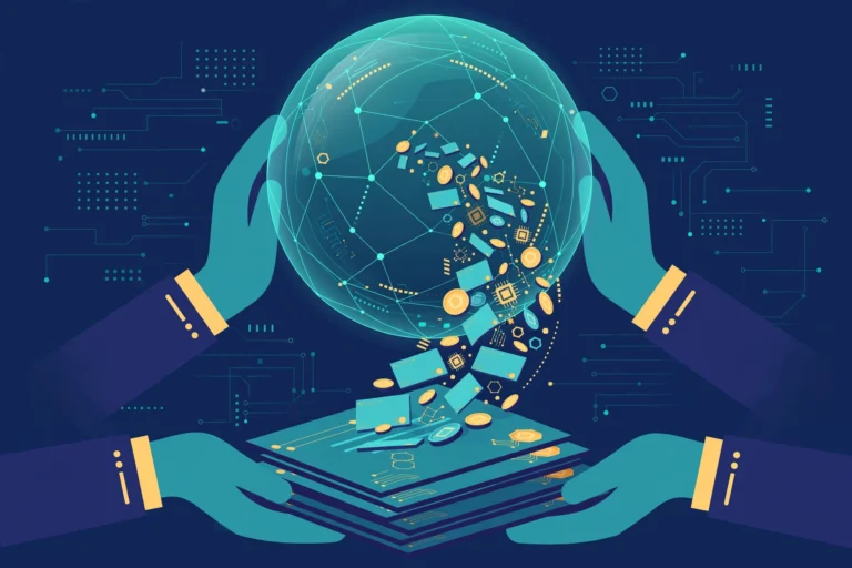 Editorial illustration of share certificates flowing into a globe, representing Anthropic's public benefit fund commitment