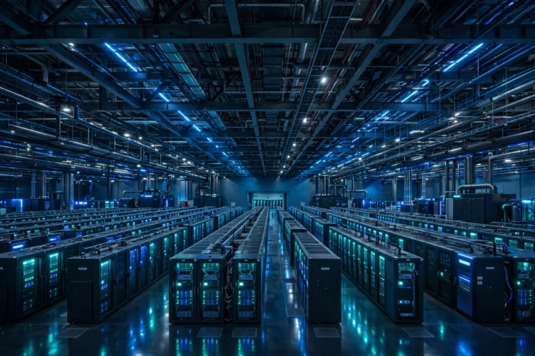 Rows of server racks with glowing blue lights inside a modern AI data centre hall