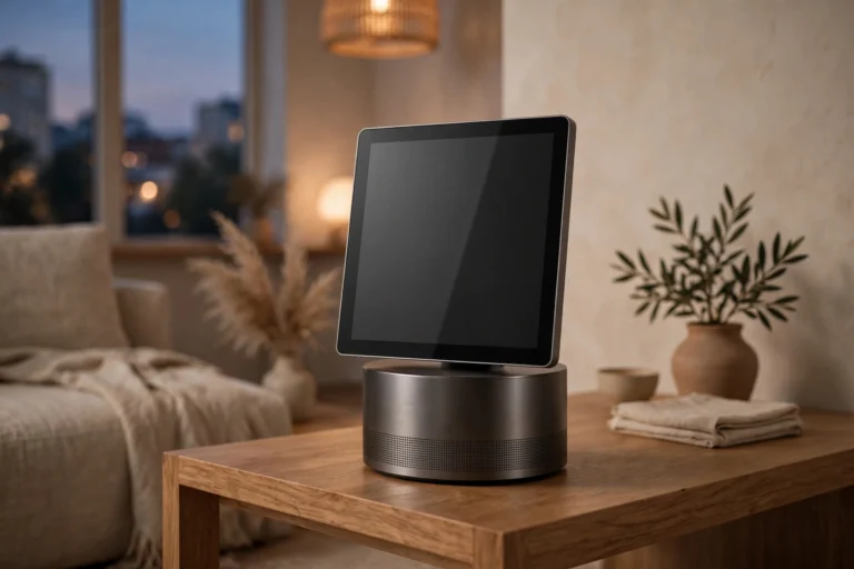 Smart home display device on a metal speaker base sitting on a wooden table in a living room