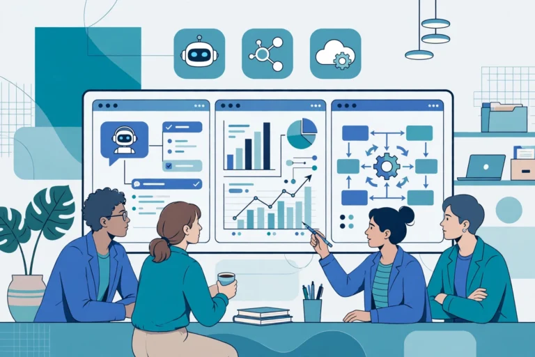 Business team reviewing an AI dashboard automating support, data analysis, and workflows