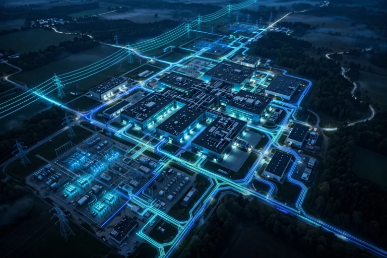 Aerial night view of a glowing power grid and data centre campus