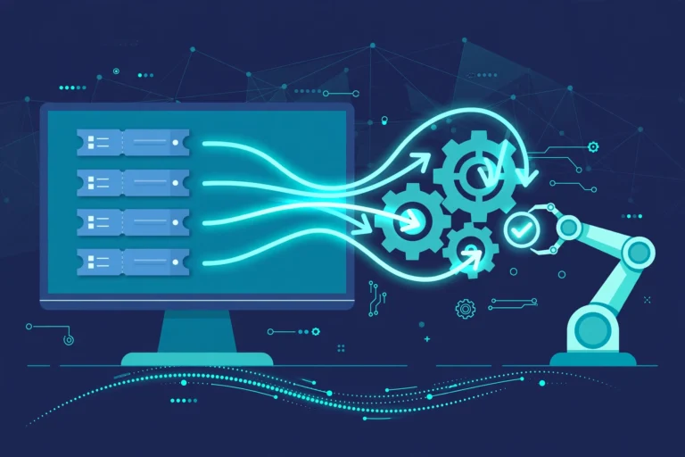 Illustration of how to automate technology service operations: automated service desk workflows, tickets, and AIOps