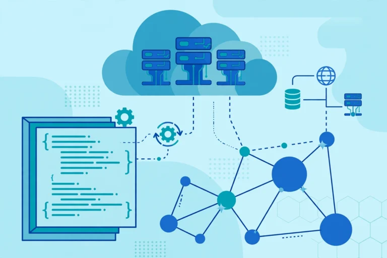 Automated cloud provisioning illustration showing cloud servers and code templates connecting automatically