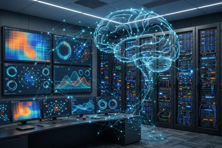 Illustration of automated IT operations: AI-monitored data center with server racks and live dashboards