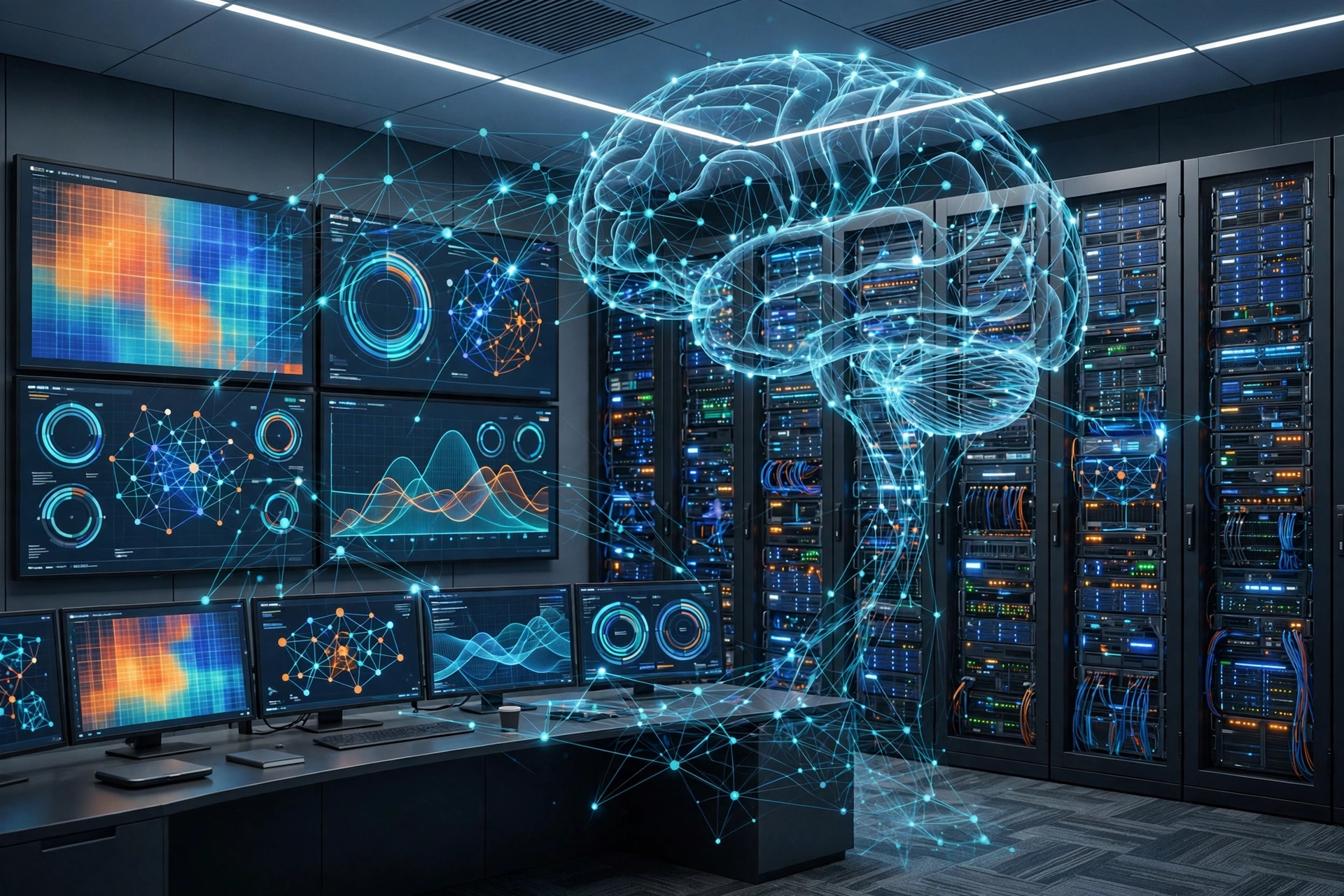 Illustration of automated IT operations: AI-monitored data center with server racks and live dashboards