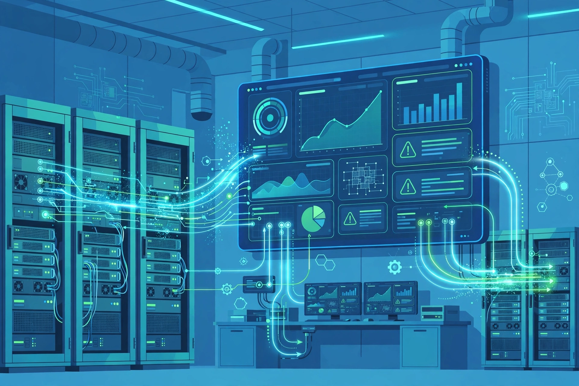 Automating IT operations: abstract illustration of server infrastructure and cloud automation