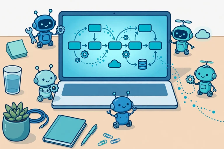Software robot icons working alongside a laptop showing an automation workflow diagram