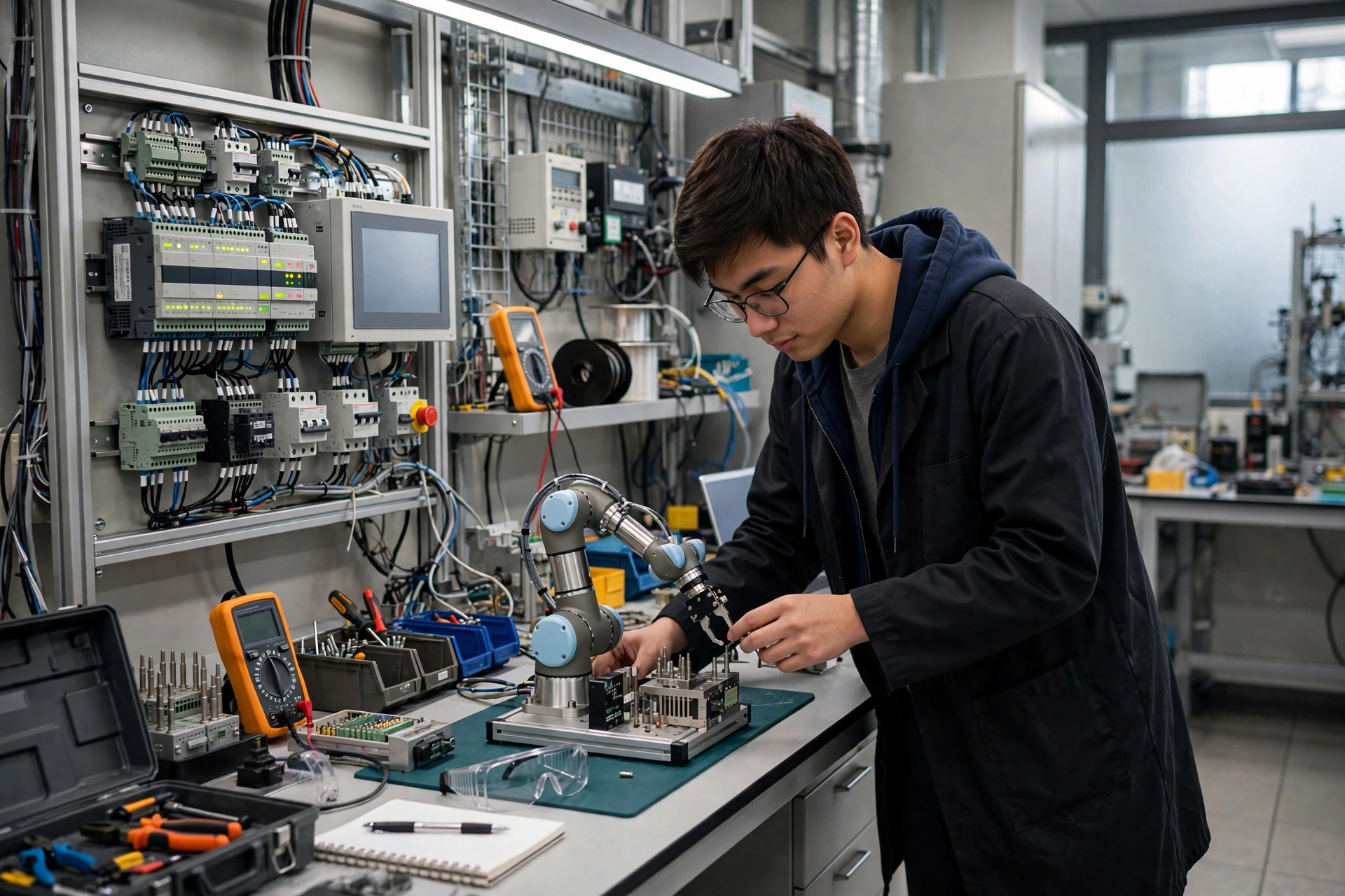 Engineering student working with a robotic arm and control panel in an automation lab